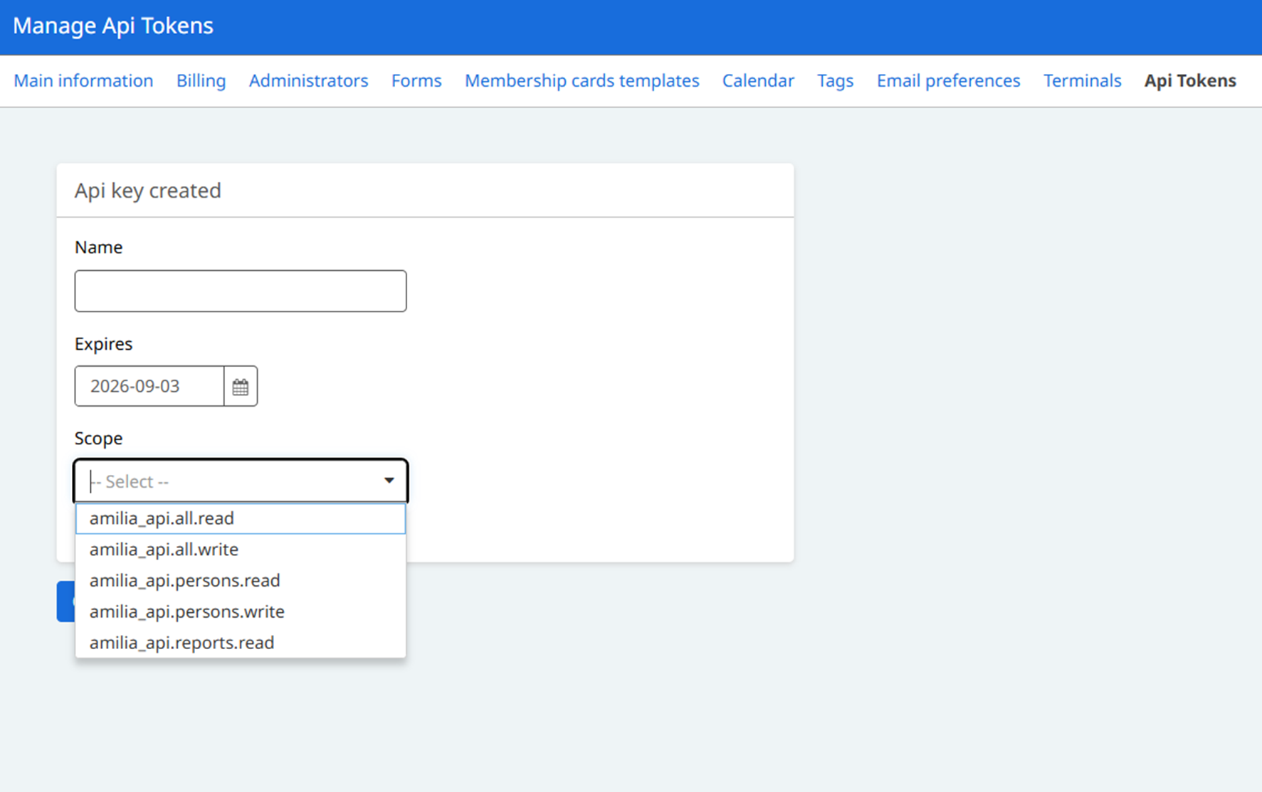 Amilia's API Tokens tab, where the new key is named and its expiration date and the amilia_api.all.read scope are set