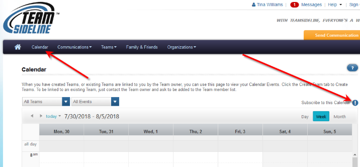 Team Site Calendar page with Subscribe to this Calendar and its info icon