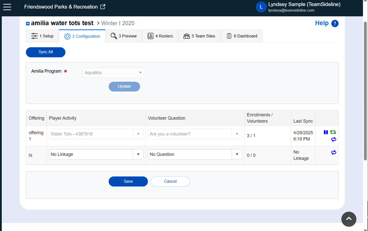 Amilia Configuration page with a Volunteer Question chosen